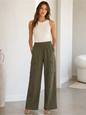 Enza Costa Olive Green Wide-Leg Cargo Pants